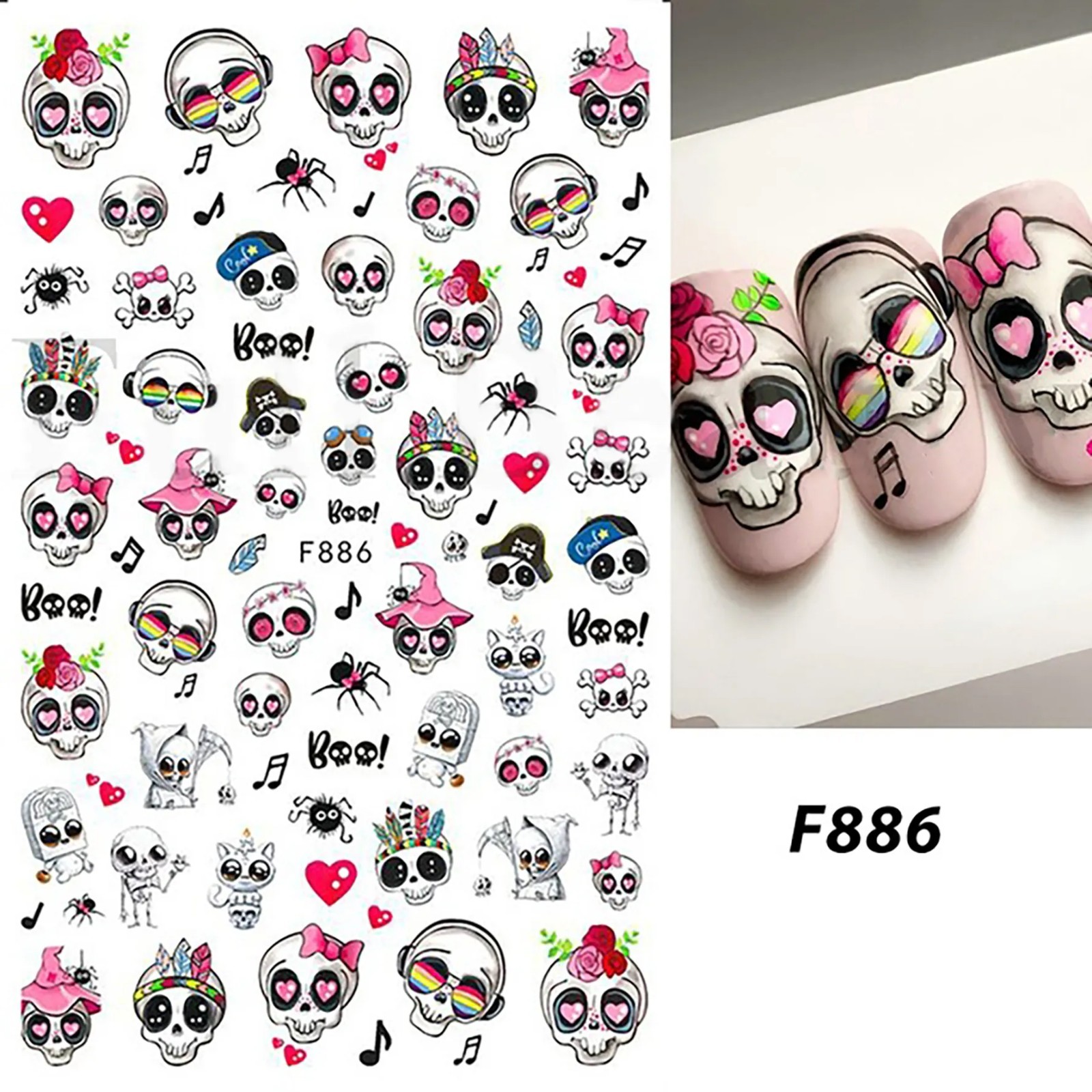 Nail Art 3D Decal Stickers funny Halloween Skull spider heart skeleton Boo F886