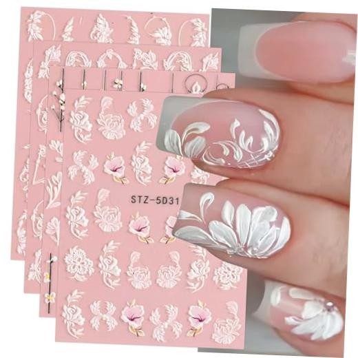5D Spring Embossed Flower Nail Art Stickers 4 Sheets Real Self-Adhesive
