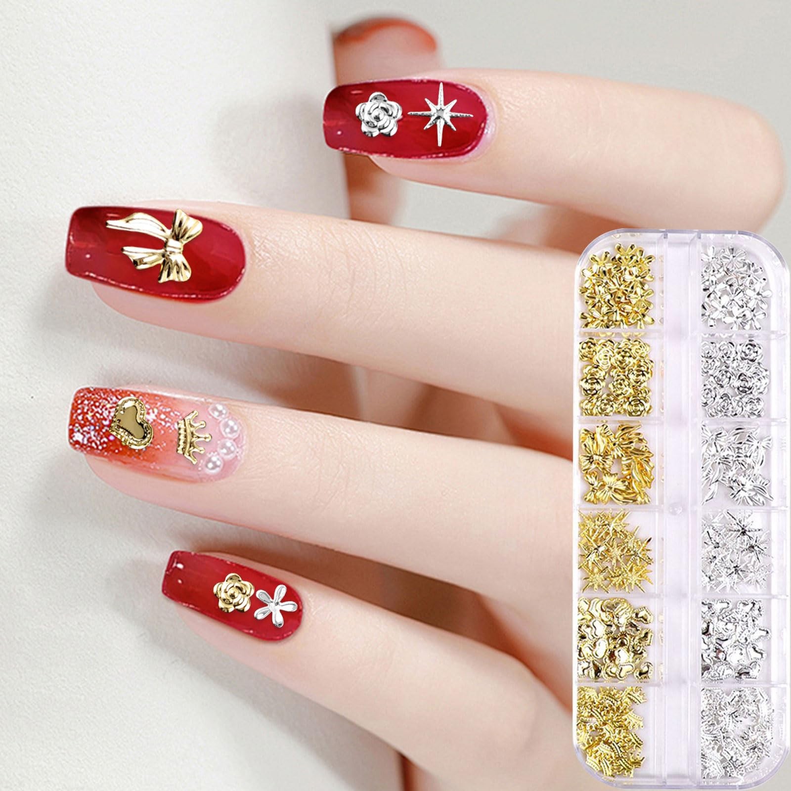Gold Silver 3D Nail Charms 2 Boxes 24 Grids Bow Flower Star Gems Studs Punk