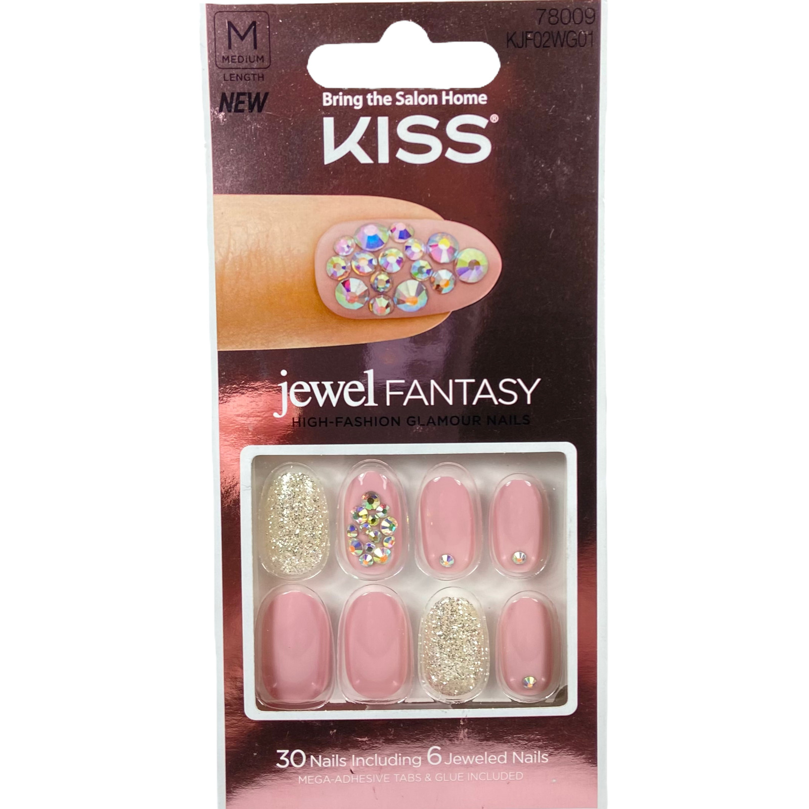 NEW Kiss Nails Jewel Fantasy Press or Glue Manicure Medium Gel Oval Pink Gems