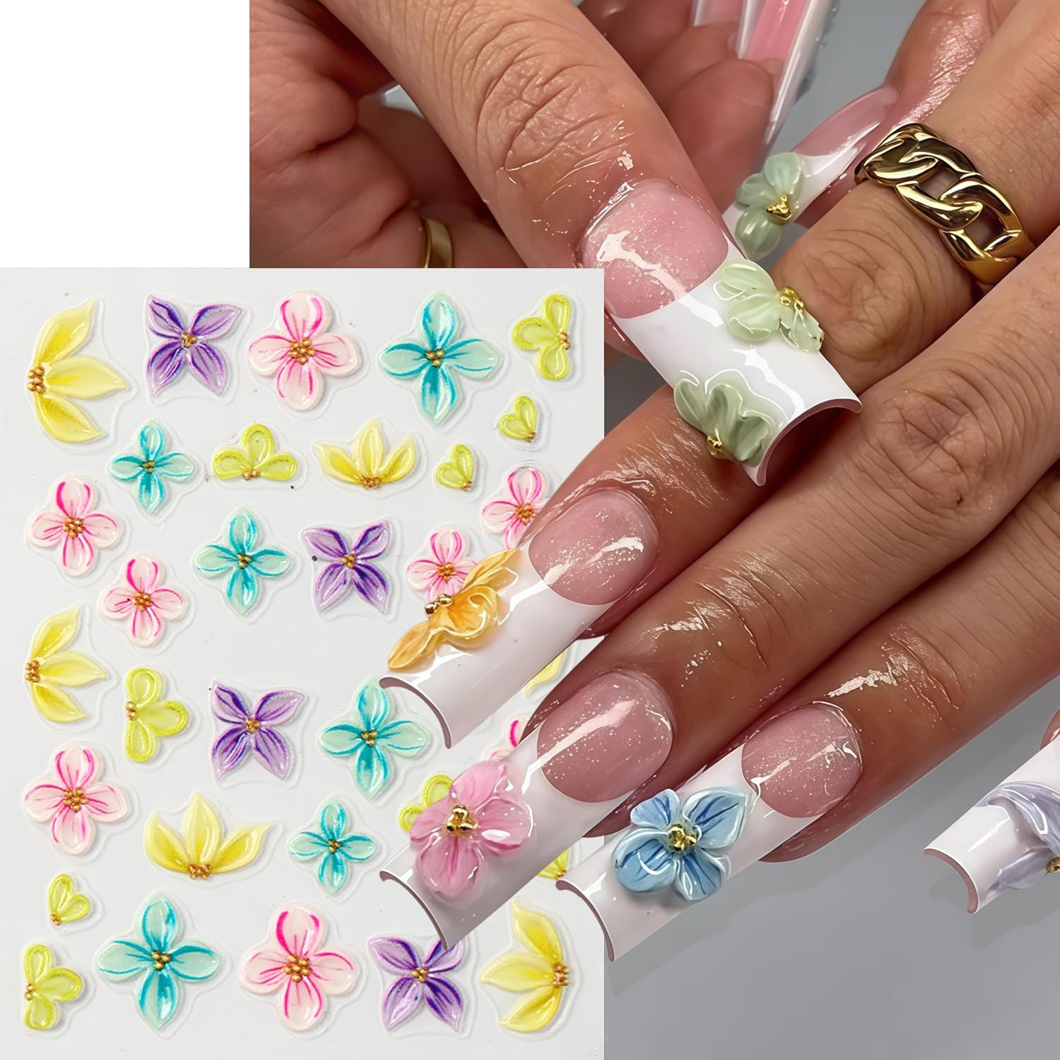 3 Sheets 5D Embossed Lily Flower Stickers for Nails Colorful Hibiscus Nail Stick
