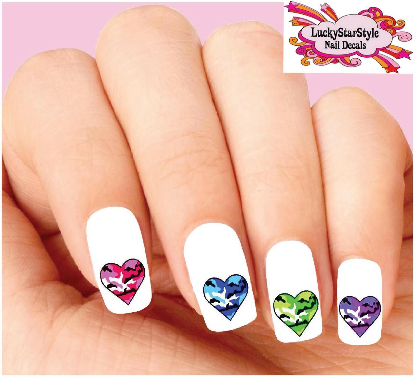 Waterslide Nail Decals Set of 20 – Colorful Camo Camouflage Hearts Assorted