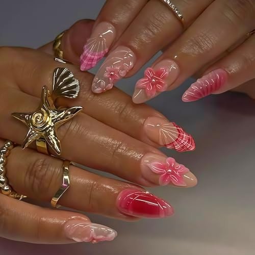 24Pcs Pink Flower Press on Nails Medium Almond Gradient Embossed Flower Style