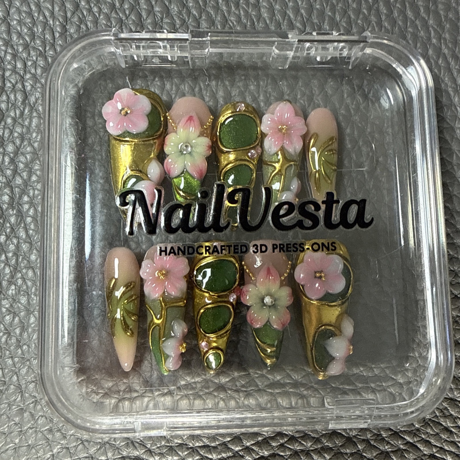 NailVesta Handcrafted 3D Nails Spring Summer Pink Green Floral Gold Reusable SM