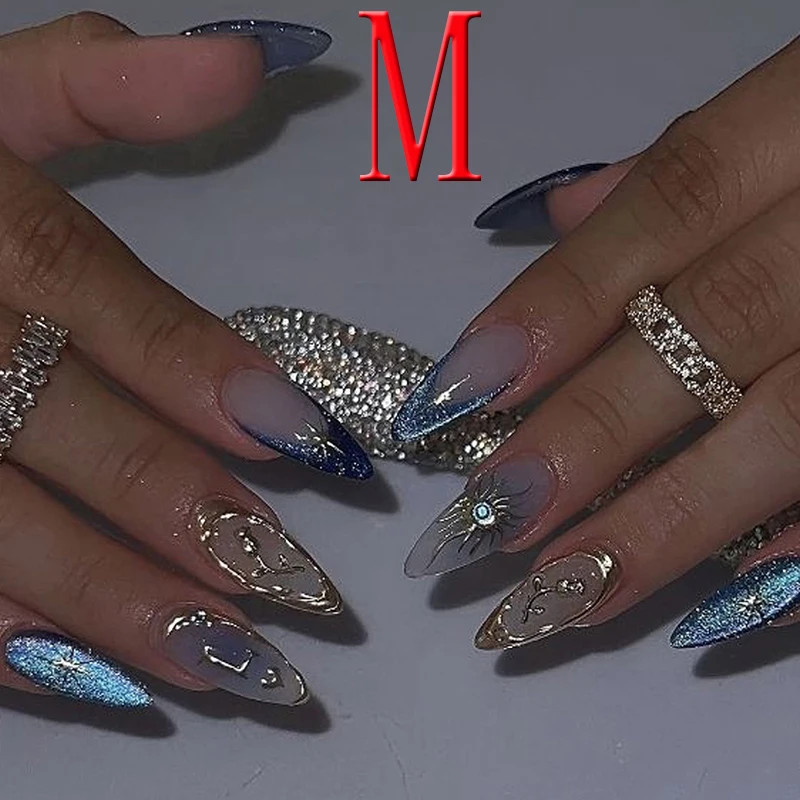 10PCS Medium Almond Nails 3D Rose Sunflower Blue Acrylic Press On Nails