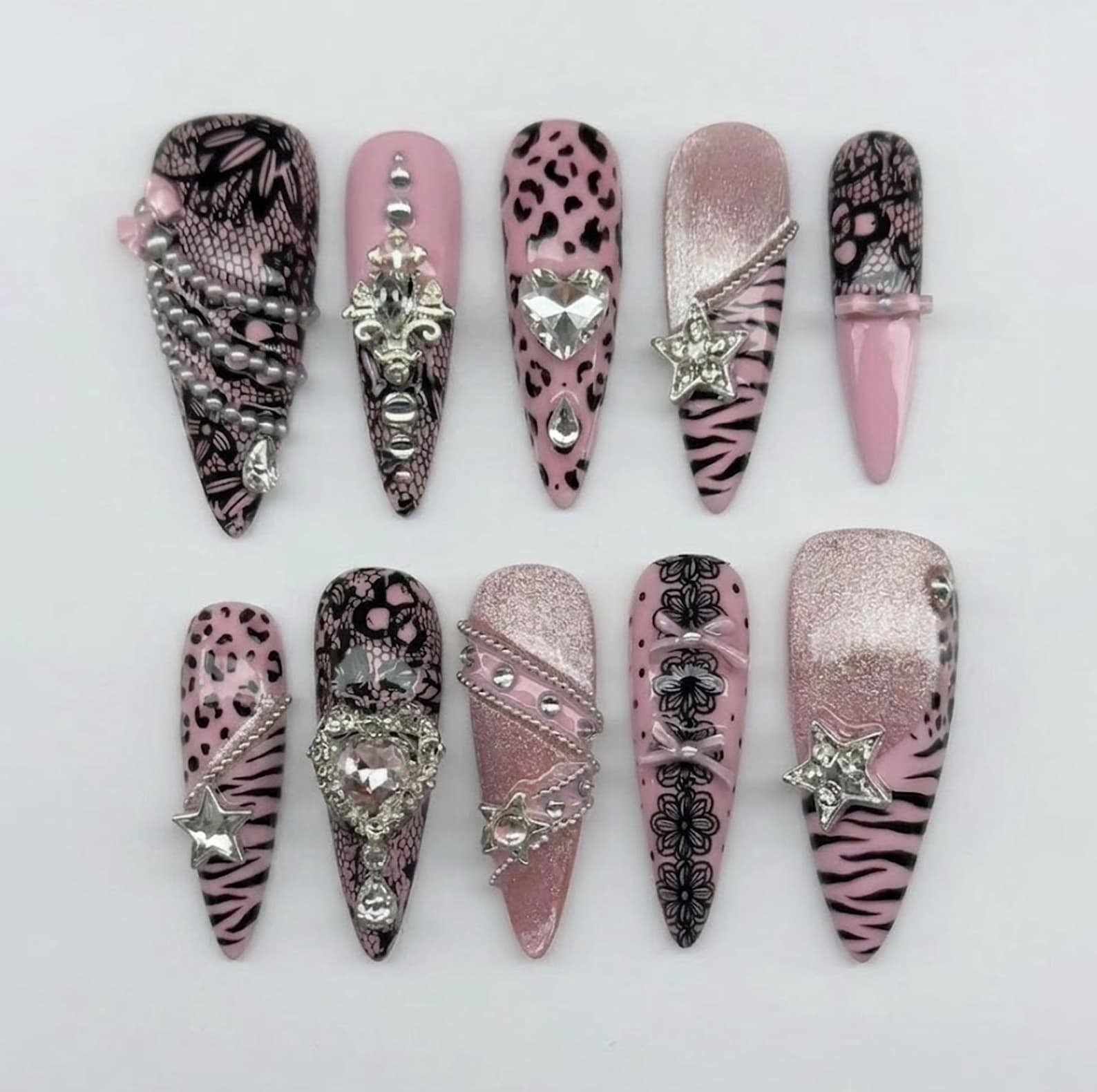 Handmade Pink Leopard Zebra Lace Bow Heart Rhinestone Stiletto Press on Nails