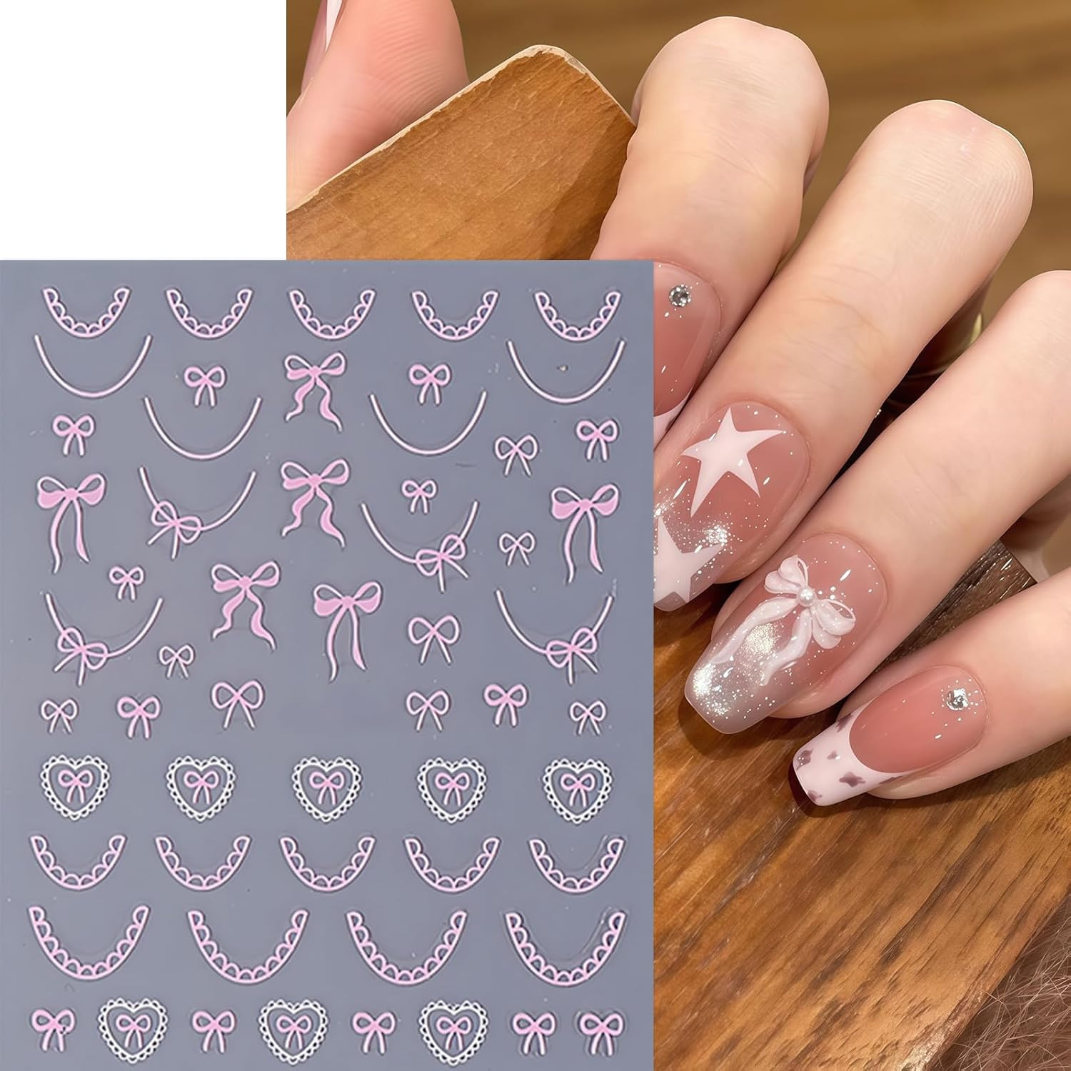 6Pcs Bow Nail Stickers Valentines Nail Decals Love-Heart Kawaii Lace Bow Tie Nai