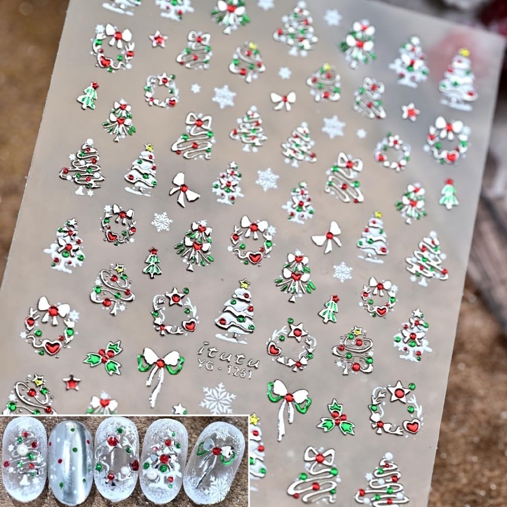 Christmas Nail Stickers 5D Embossed Metallic Silver Nail Decals Adhesive Garl…