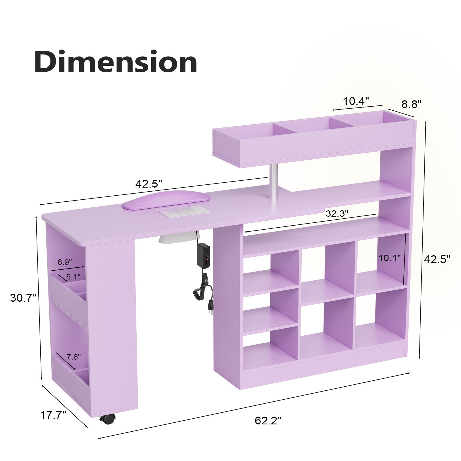 L Shaped Manicure Table with Wrist Rest & 180° Swivel Desktop and Dust Collector