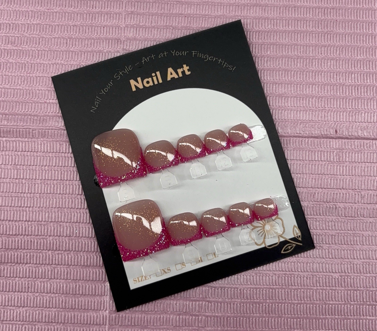 press on toenails pink glitter french tips nude handmade custom builder gel