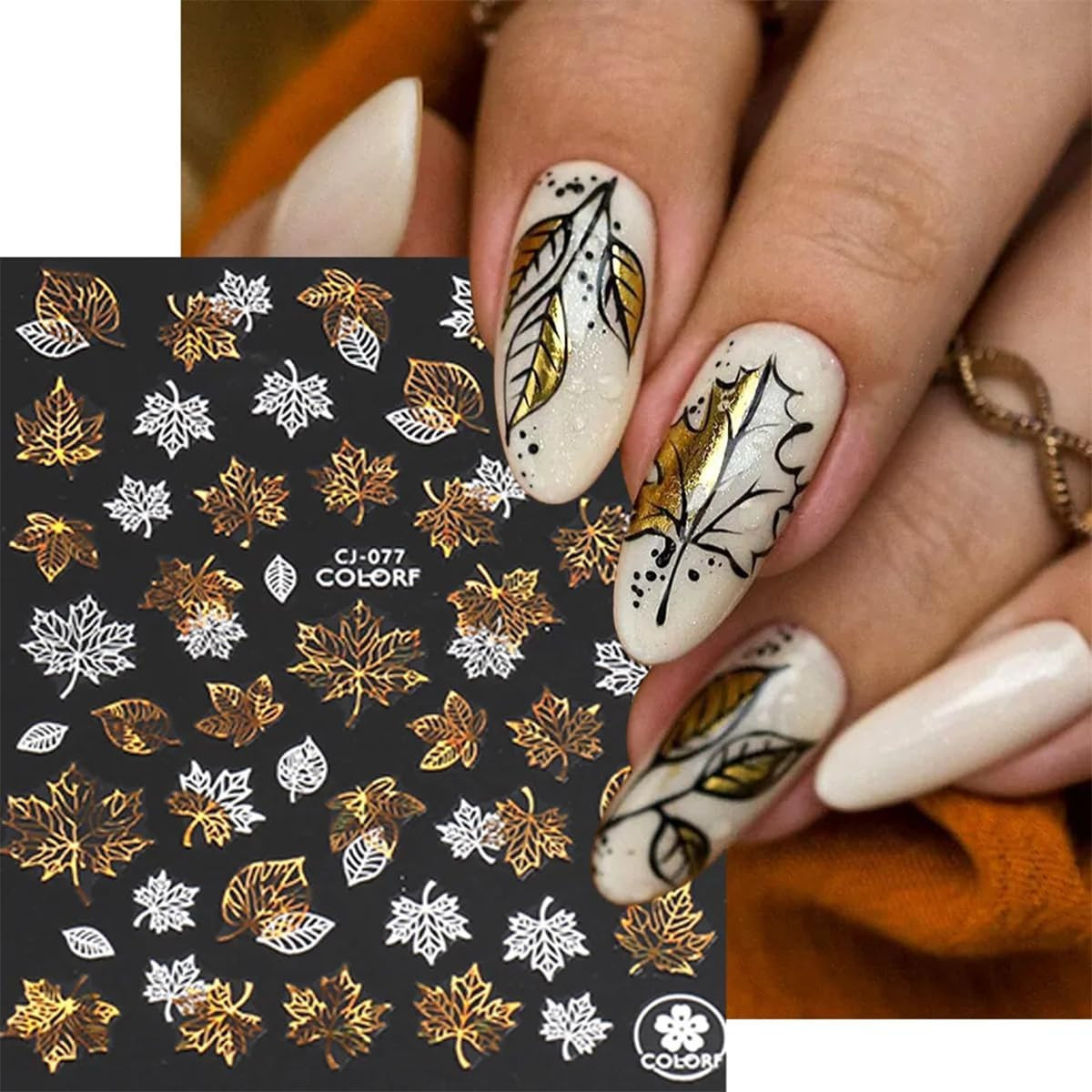 9 Sheets Bronzing Fall Nail Art Stickers 3D Metallic Self-Adhesive Maple Leaf Na