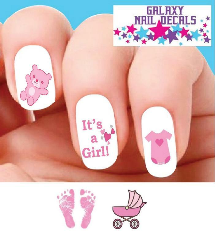 Waterslide Nail Decals – Set of 20 Pink Baby Girl Footprints Teddy Bear Assorted