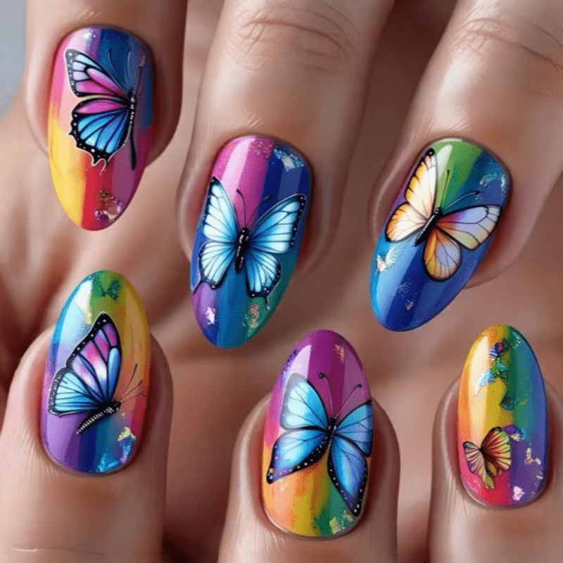 48Pcs-Y2K Vibrant Multicolor Stripe Bright Butterfly Art Oval Press on Nails