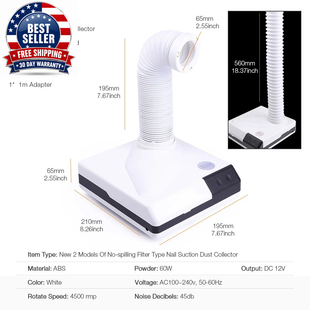 60W Double Use Nail Dust Collector Retractable Elbow Design Nail Dust Extractor