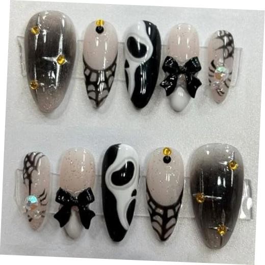 Goth Halloween Press on Nails – Medium Almond Nails with Designs-22