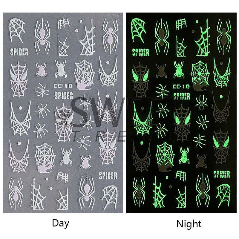 4Pcs Glow in The Dark Halloween Glitter Nail Decals Ghost Spider Web Skull NH30