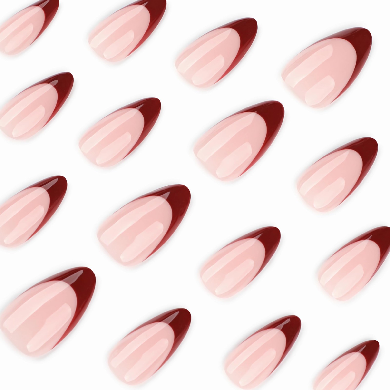 Red Nails Press on Almond Medium Fake Nails Burgundy French Tip Glue on Desig…