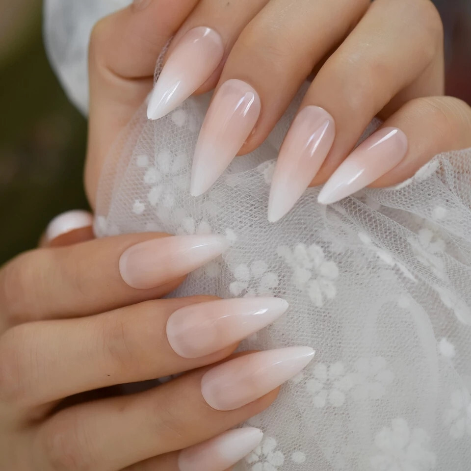 24 Press on nails kit w glue ombre white nude pointed stiletto vampire french