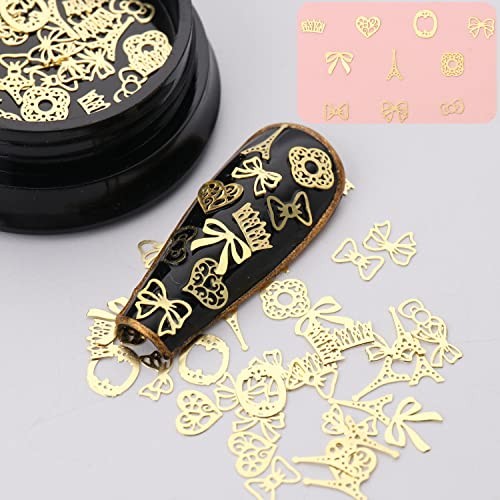 Gold Metal Nail Studs – 3D Glitter Flakes Decorations Set, Flowers Leaf