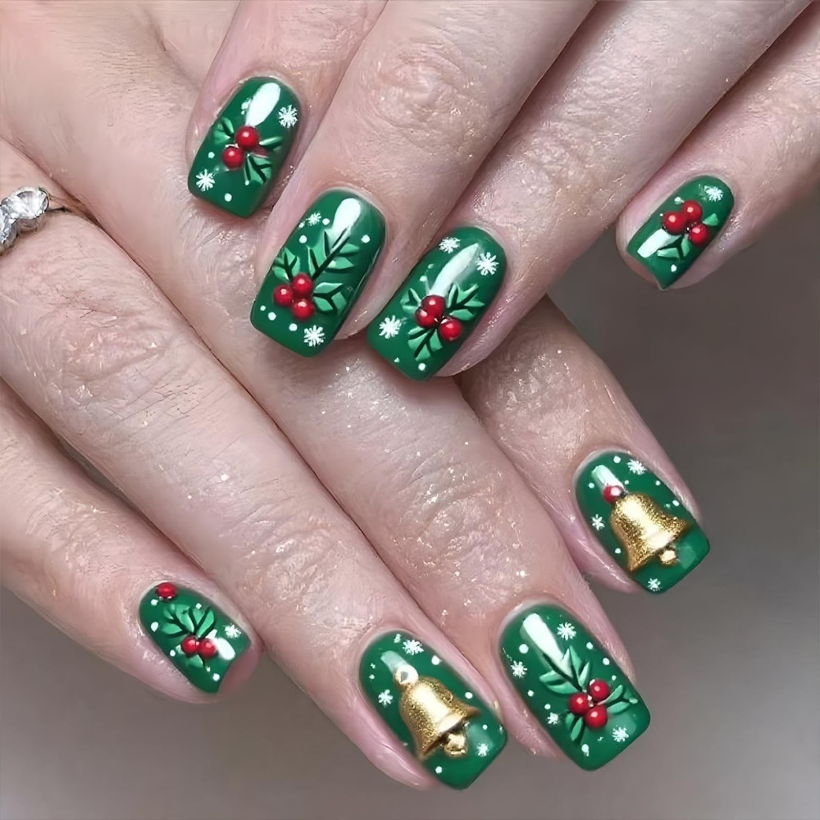 Christmas Press on Nails Short Square Glue on Nails with Holly Fruit Design C…