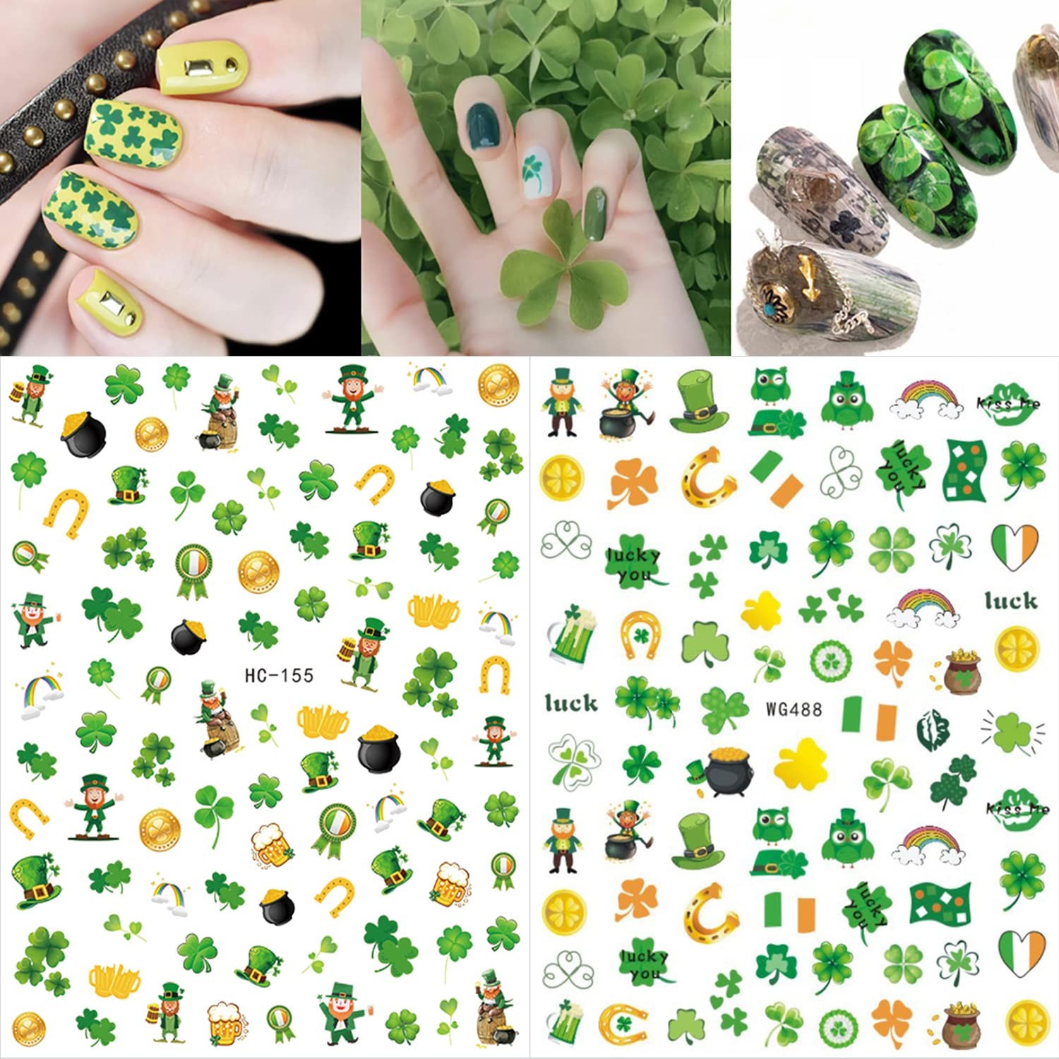 St Patricks Day Nail Art Stickers 3D Shamrock Nail Decals Green Clover Nail S…