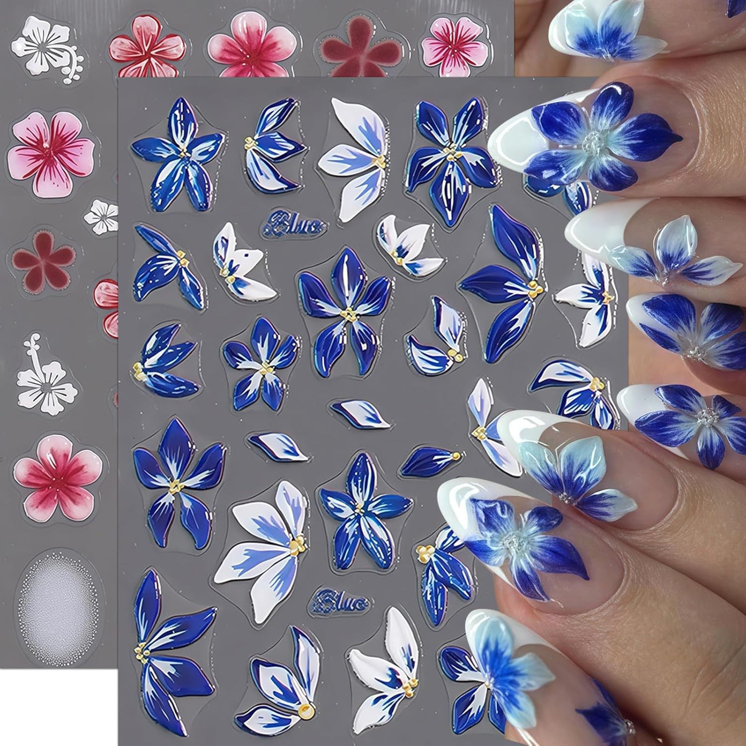 2 Sheets Flower Nail Stickers for Nail Art 5D Embossed Nail Decals Hibiscus Self