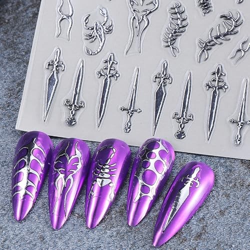 4 Sheets Goth Nail Stickers for Nail Art 3D Punk Style Black Belt Nail Art Q14