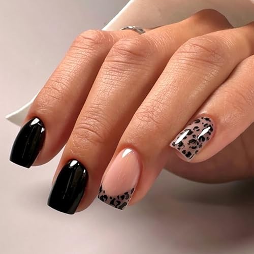 Leopard Print Press on Nails French Tip False Nails Black Solid Animal Print