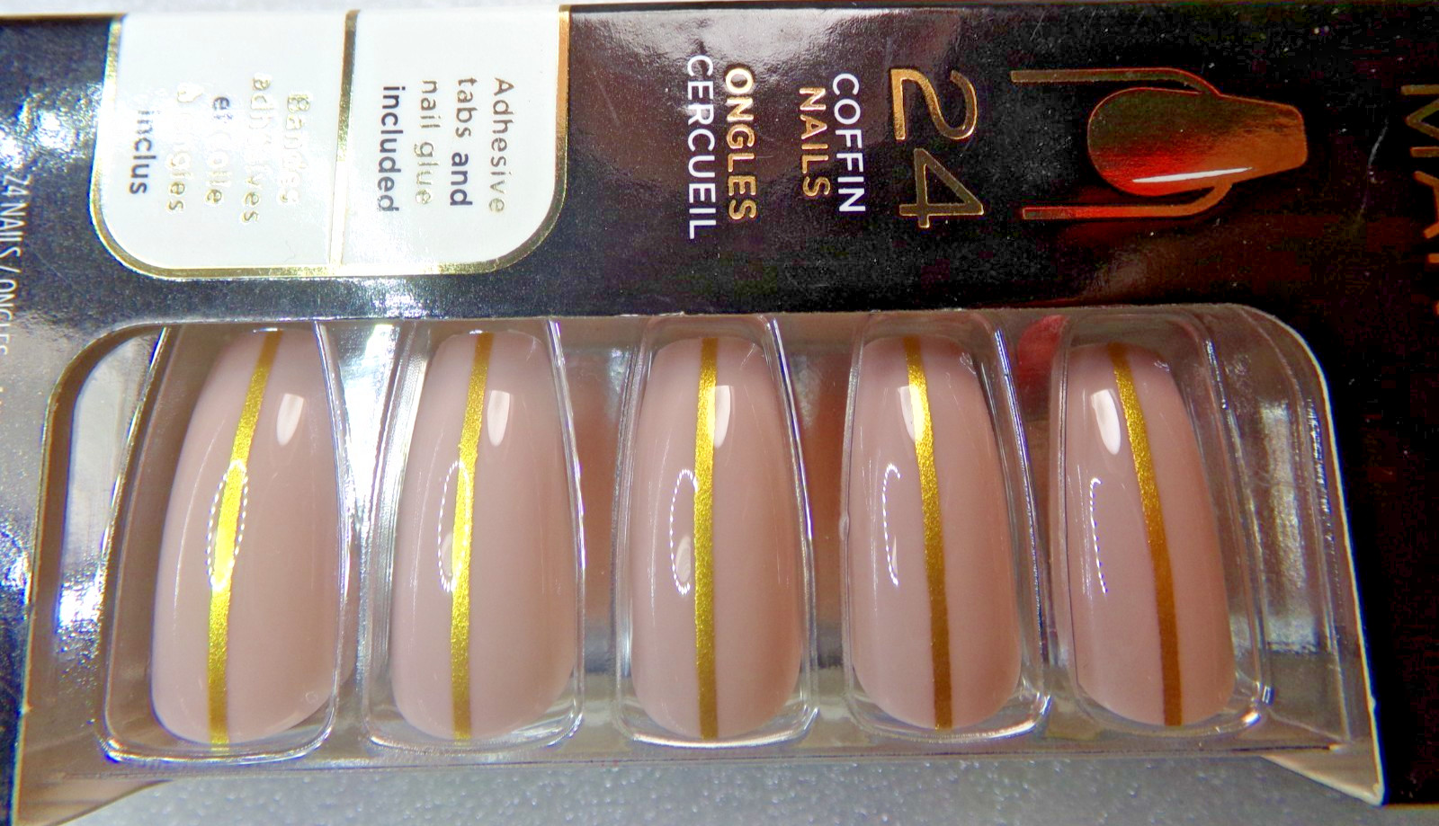 Sally Hansen Nails Pink Mauve with Gold Stripe GLUE-On Long Length Coffin