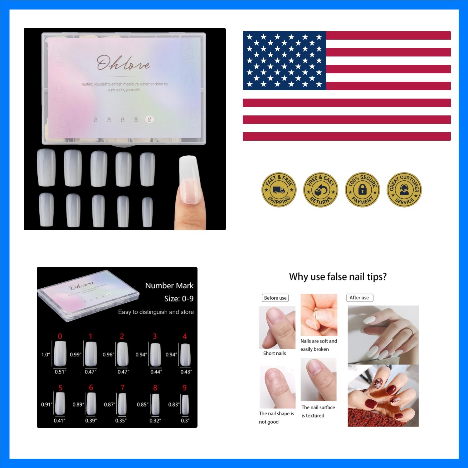 500Pcs Medium Square Nail Tips Full Cover Acrylic False Nails with Case for D…
