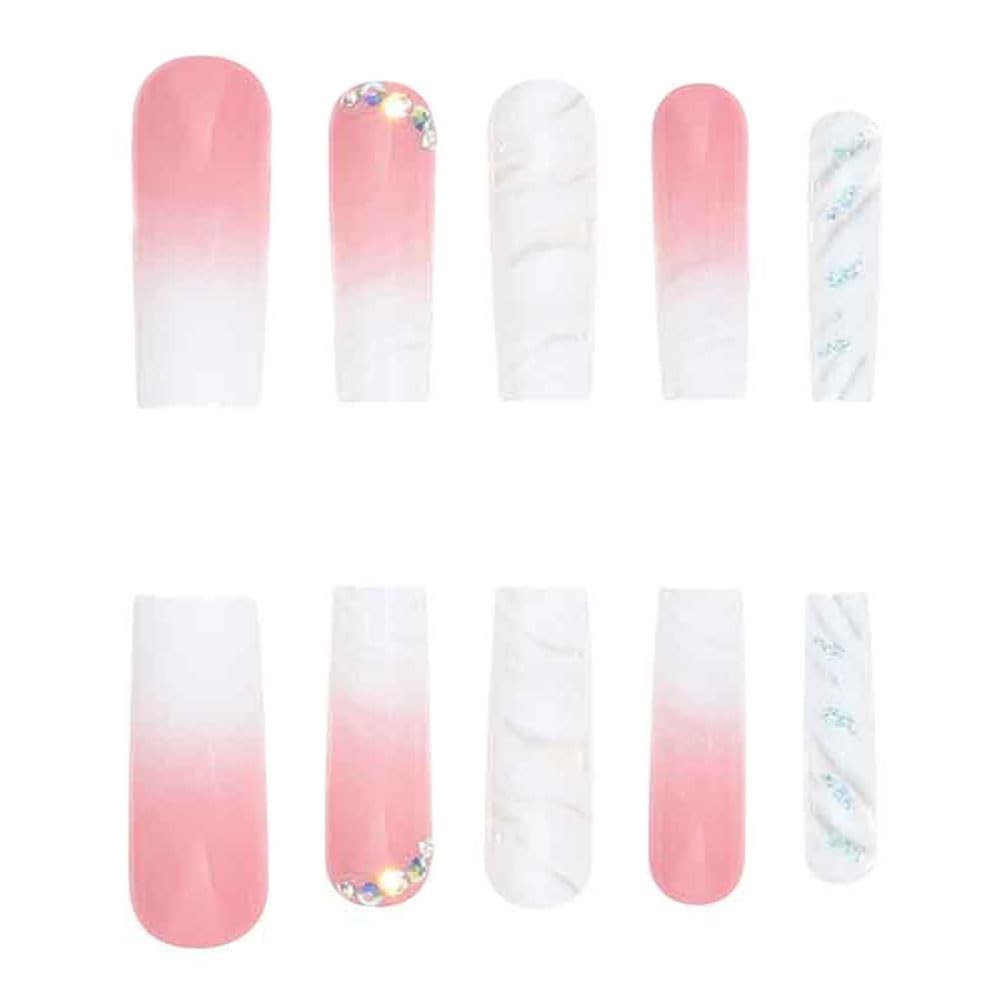 Ombre Pink White Press on Nails Long, with Rhinestones A01