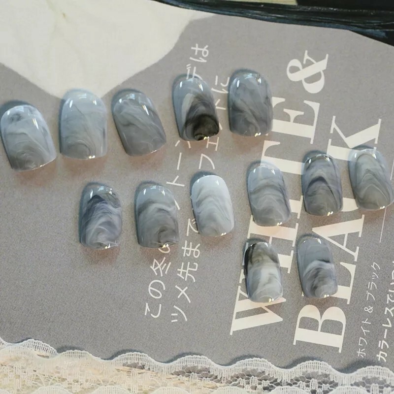 Gray marble short Press On Nails Glue On 24 Kit grey