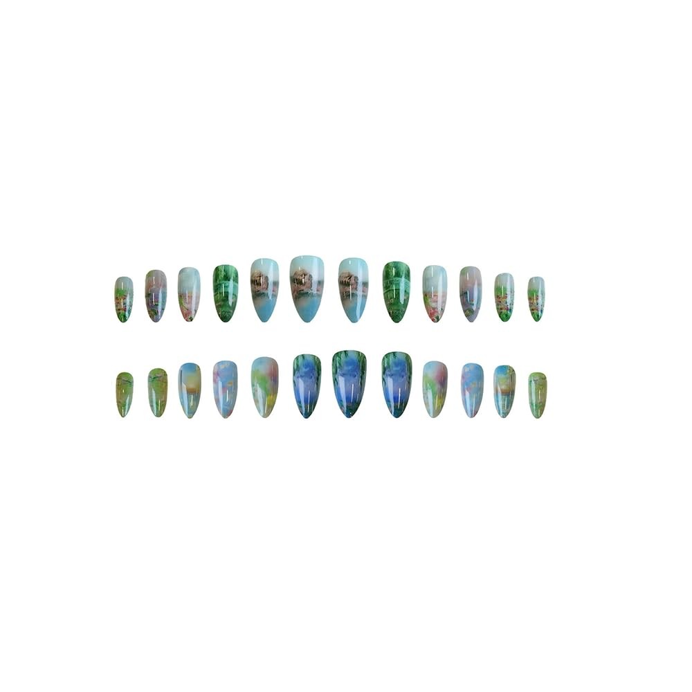 Painting Style Press on Nails Almond Fake Nails Medium False Nails with Flowe…