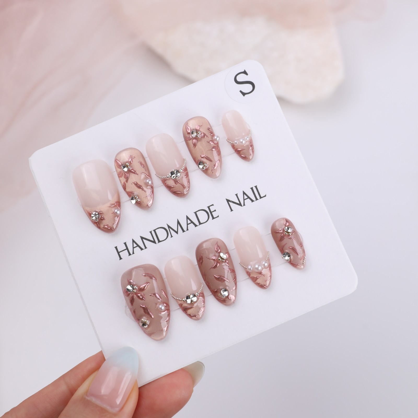 Press On Nails Medium Almond Nude Pink Floral Pearl Rhinestone Wedding Nail Set