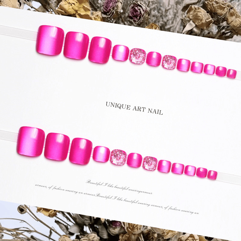 48Pcs-Short Square Wine Red Cat Eye Glitter Toe Press on Nails