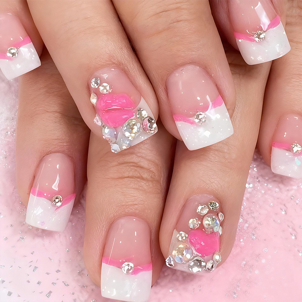 24pcs White/Red Polka Dot 3D Heart Press-On Nails. Waterproof, Reusable Gift.