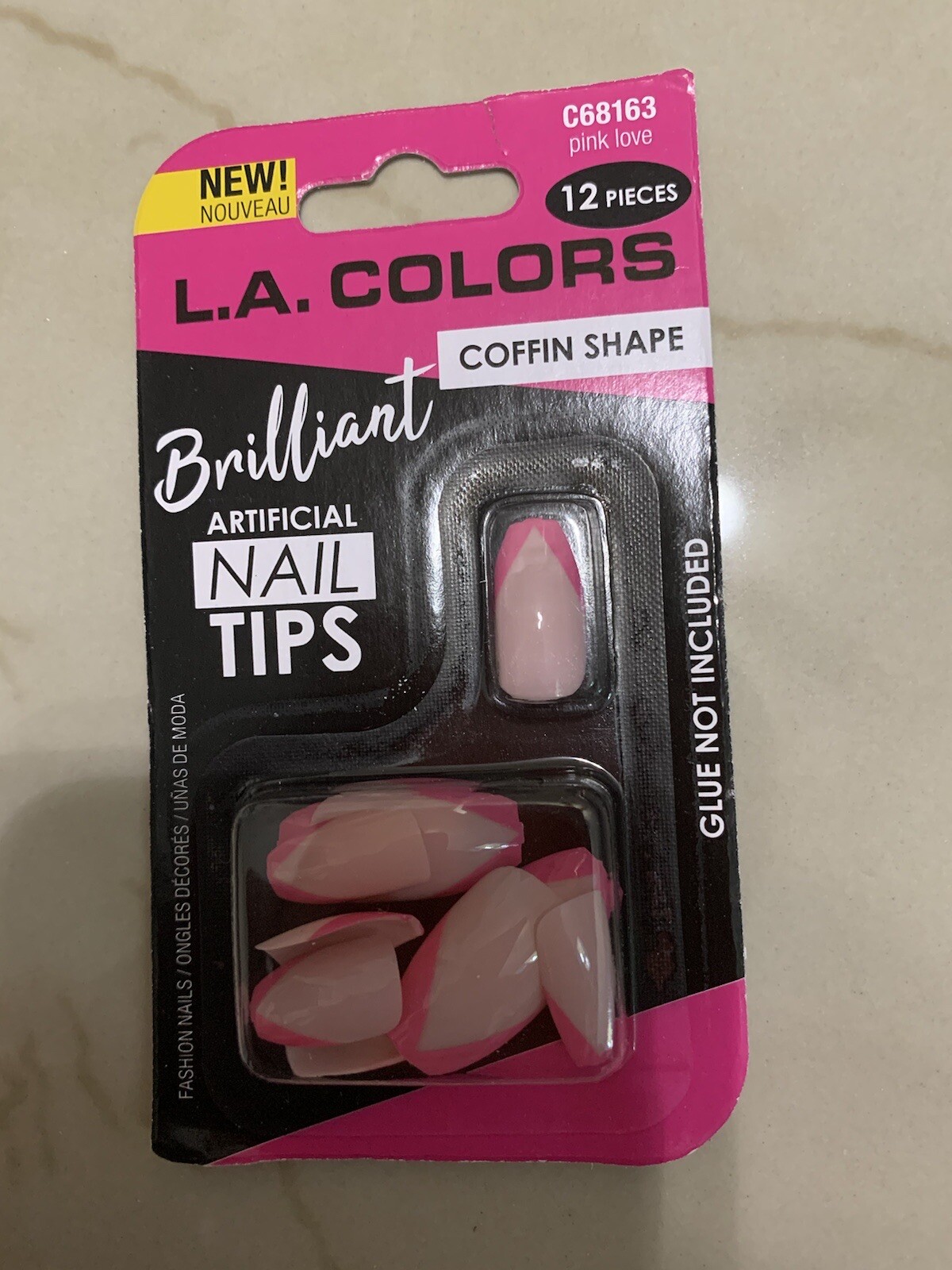 L.A. COLORS Nails Shiny Pink Chevron glue on Medium Coffin