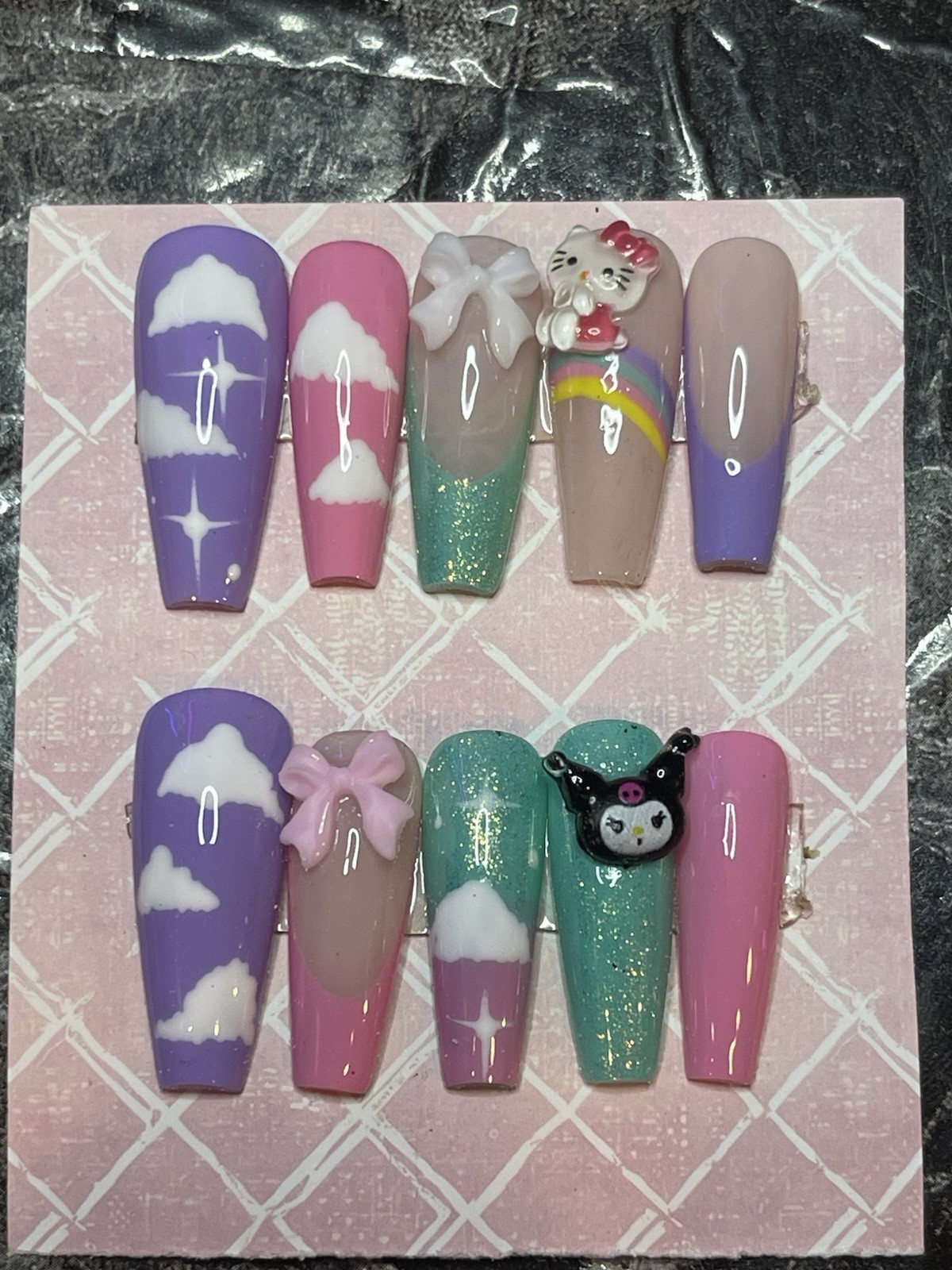 Handmade Press on Nails W/ Hello Kitty Charm. Pastels. Prep kit Inc