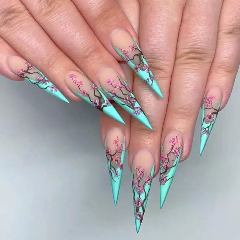 24 Press on nails Kit w Glue Cherry Blossom Nude ombre Mint Green stiletto anime