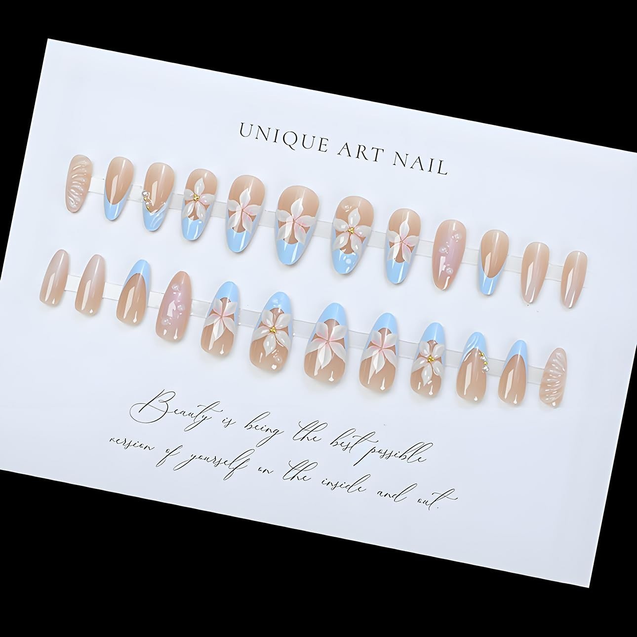 Almond Flower Pearl Press on Nails – Medium 3D Fake Nails with French Tip Des…