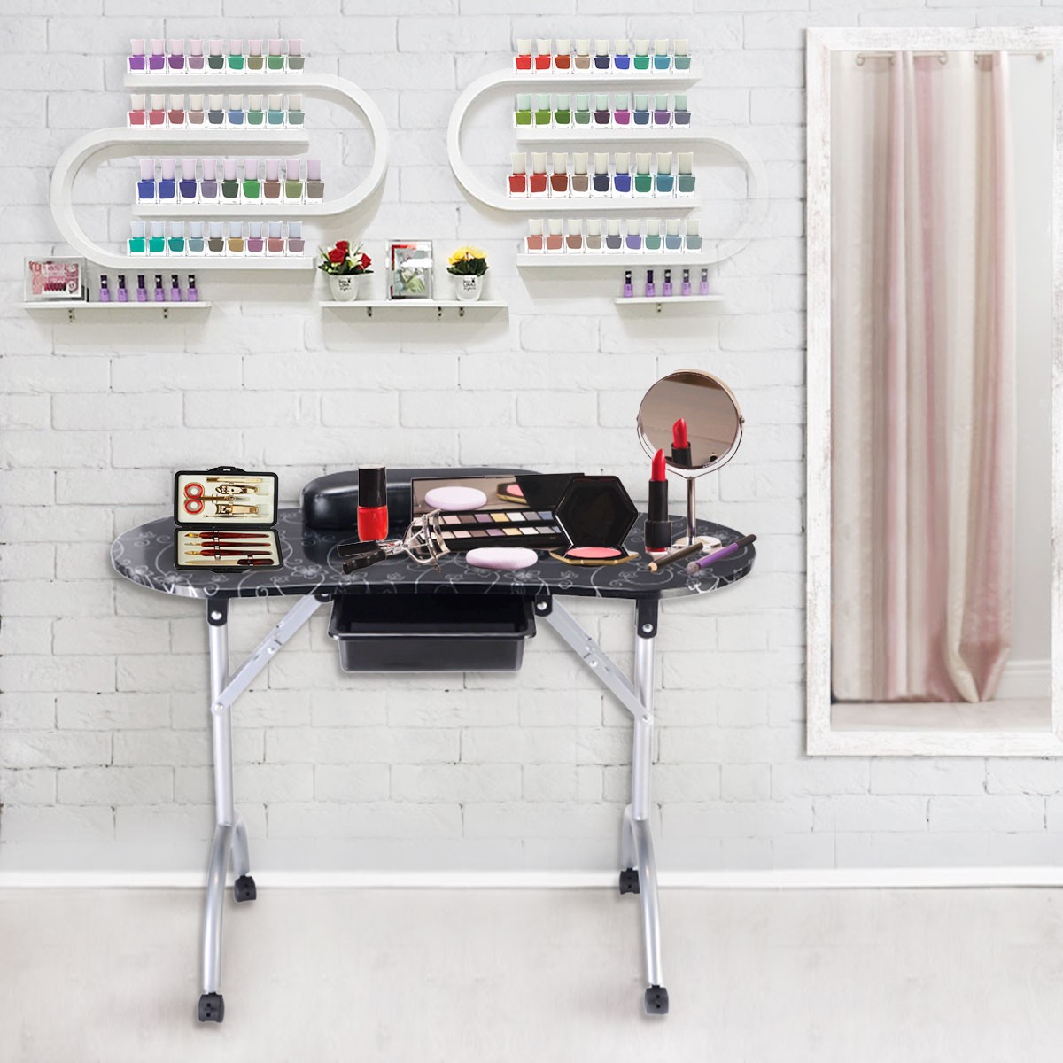 Black Manicure Nail Table Portable Station Desk Spa Beauty Salon Equipment