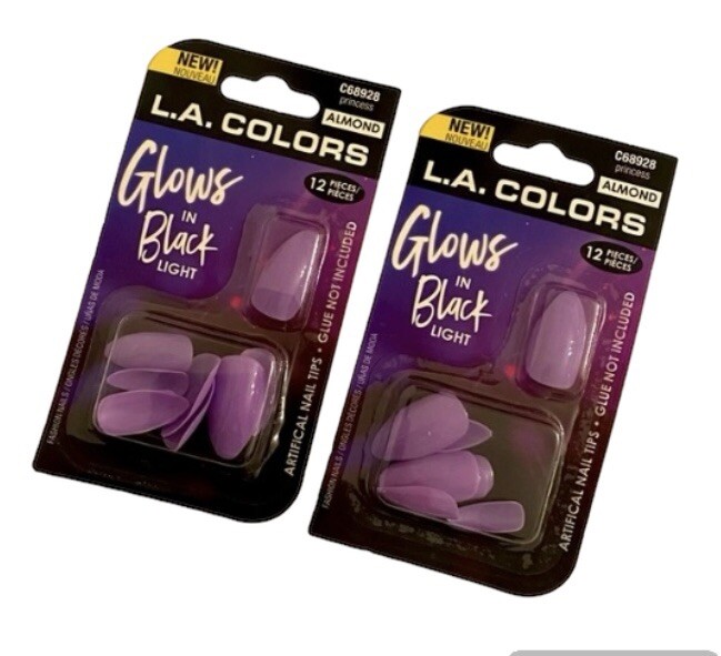 2 Packs NWT L.A. Colors Princess Almond Glows In Black Light Purple Blue Nails