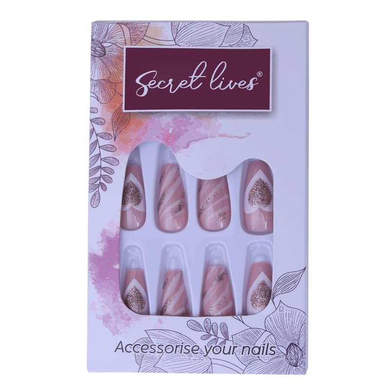 Secret Lives Glossy Premium Artificial Nails Light Pink Color with Heart 24 Nail