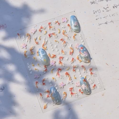 Nail Art Stickers Sparkly Koi Nail Stickers 5D Embossed Shell Light Goldfish