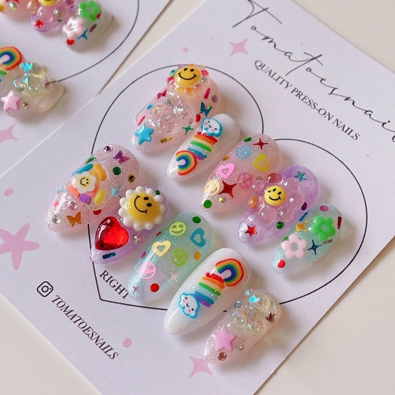 Custom Pure Handmade Nails Glitter Rainbow Flower Heart Cute Girls Manicure
