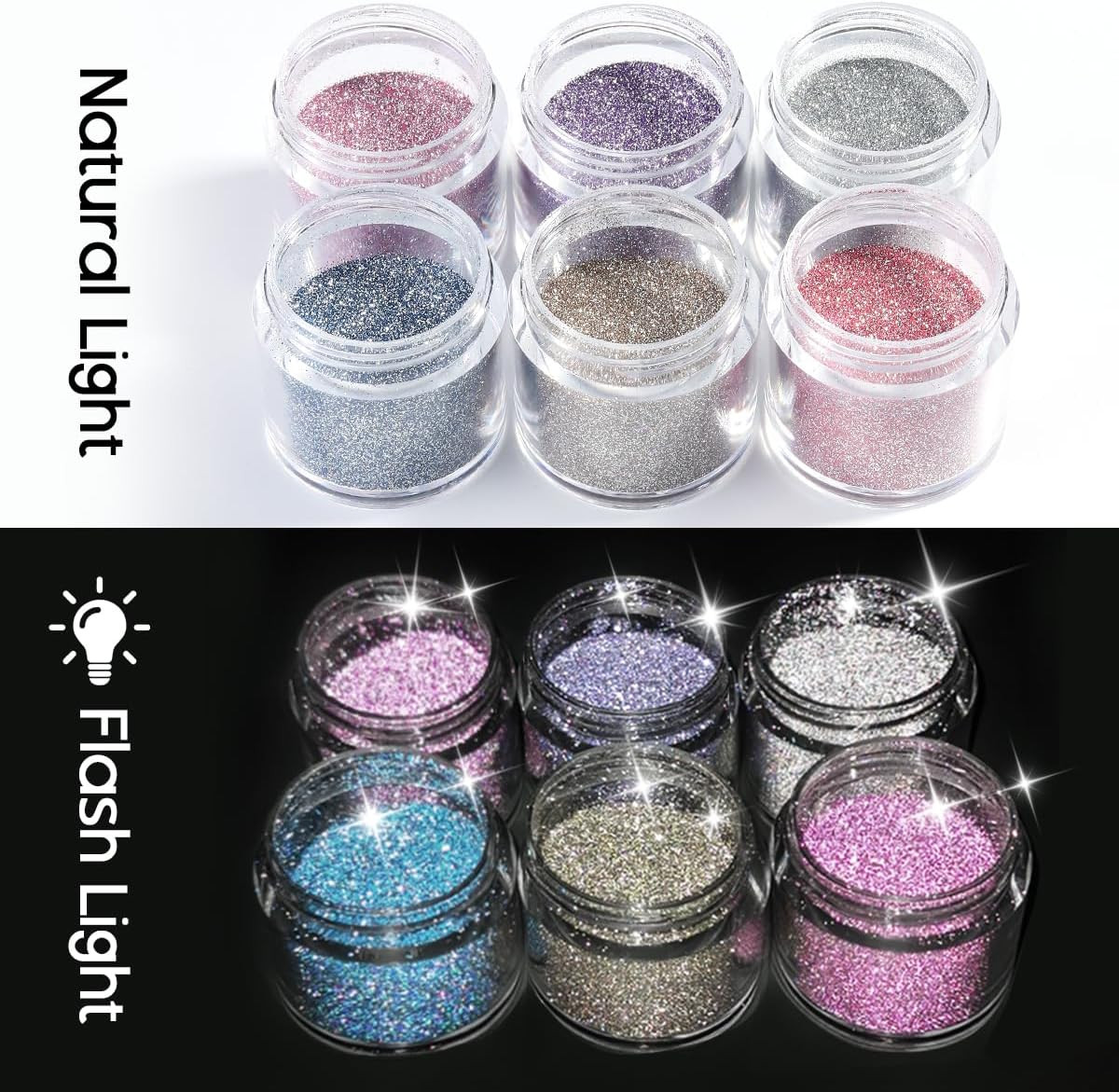 Reflective Glitter for Nails, 6 Colors Sparkle Nail Powder Diamond Dust Glitter