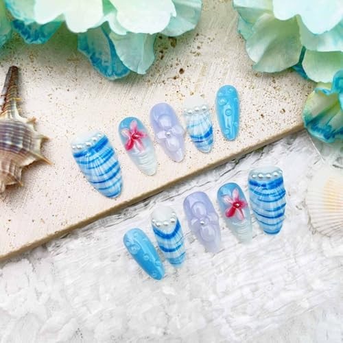 30Pcs Blue Summer Press on Nails Short Almond Fake Nails ocean fake nails-2