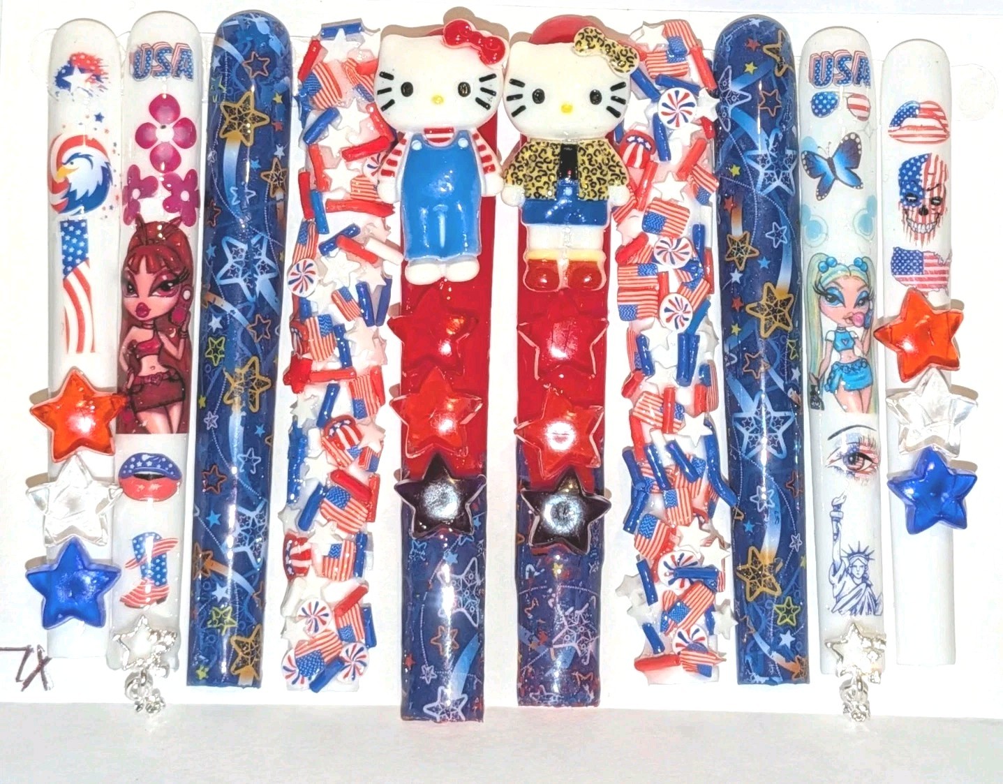Hand Crafted Patriotic 6Xl Press-On Nails Set — Red,White & Blue Stars SZ XL