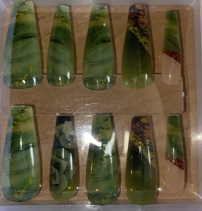 24 Pcs Set Long Coffin Press On Nails Floral Green Full Cover Acrylic Fake NIB
