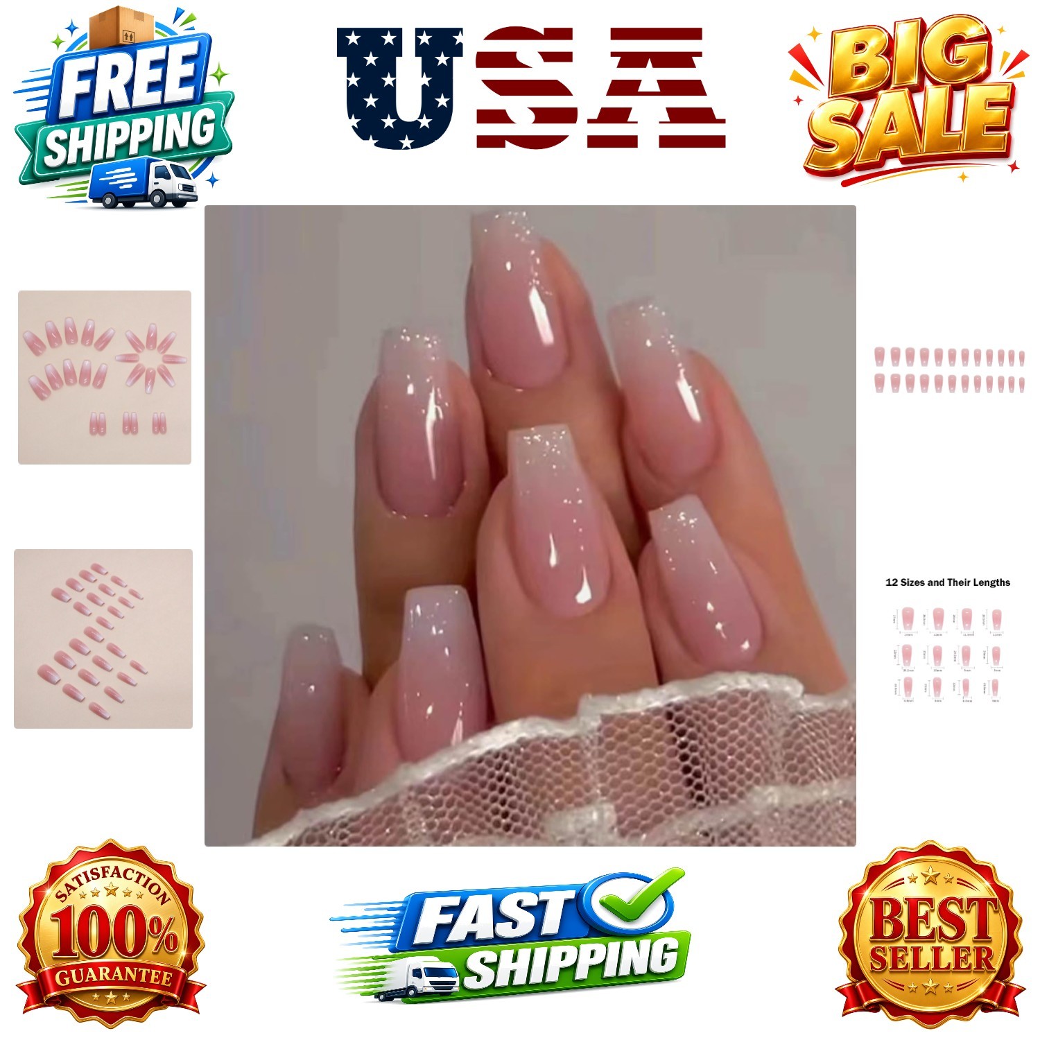 Bling Coffin Press on Nails Fake Nails Tips Full Cover Medium False Gradient …